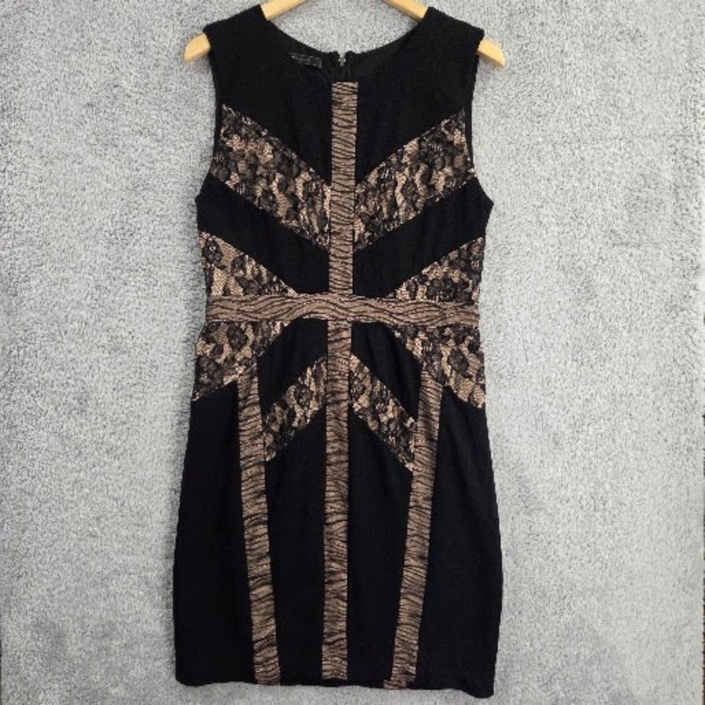 BCBGMAXAZRIA Dress Large Black Beige Geometric Lace Panel Sheath Knee Length